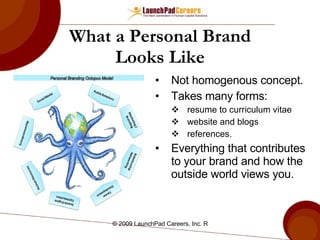 What a Personal Brand Looks Like Not homogenous concept. Takes many forms: resume to curriculum vitae website and blogs references. Everything that contributes to your brand and how the outside world views you. 