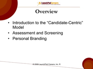 Overview Introduction to the “Candidate-Centric” Model Assessment and Screening Personal Branding 