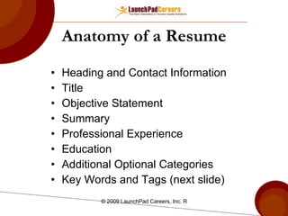 Anatomy of a Resume Heading and Contact Information Title Objective Statement Summary Professional Experience Education Additional Optional Categories Key Words and Tags (next slide) 