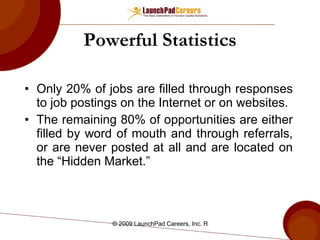 Powerful Statistics Only 20% of jobs are filled through responses to job postings on the Internet or on websites. The remaining 80% of opportunities are either filled by word of mouth and through referrals, or are never posted at all and are located on the “Hidden Market.” 