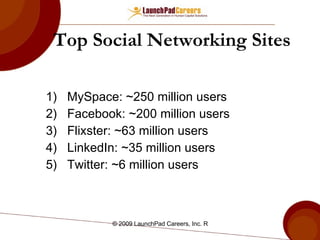 Top Social Networking Sites MySpace: ~250 million users Facebook: ~200 million users Flixster: ~63 million users LinkedIn: ~35 million users Twitter: ~6 million users 
