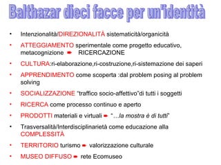Balthazar dieci facce per un'identità Intenzionalità/ DIREZIONALITÀ  sistematicità/organicità ATTEGGIAMENTO  sperimentale come progetto educativo, metacognizione     RICERCAZIONE CULTURA :ri-elaborazione,ri-costruzione,ri-sistemazione dei saperi APPRENDIMENTO  come scoperta :dal problem posing al problem solving SOCIALIZZAZIONE  “traffico socio-affettivo”di tutti i soggetti RICERCA  come processo continuo e aperto PRODOTTI  materiali e virtuali     “ …la mostra è di tutti ” Trasversalità/Interdisciplinarietà come educazione alla  COMPLESSITÀ TERRITORIO  turismo     valorizzazione culturale MUSEO DIFFUSO    rete Ecomuseo 