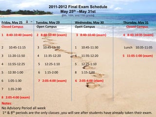 2011-2012 Final Exam Schedule
                                    May 25th –May 31st
                                         (9th, 10th, and 11th grade)

Friday, May 25        Tuesday, May 29              Wednesday, May 30           Thursday, May 31
Closed Campus          Open Campus                 Open Campus                   Closed Campus

1 8:40-10:40 (exam)   2 8:40-10:40 (exam)           3 8:40-10:40 (exam)        4 8:40-10:35 (exam)


2   10:45-11:15        3   10:45-11:30             1     10:45-11:30           Lunch 10:35-11:05

3   11:20-11:50        4   11:35-12:20             4     11:35-12:20          5 11:05-1:00 (exam)

4   11:55-12:25        5    12:25-1:10             5     12:25-1:10

5   12:30-1:00         6    1:15-2:00              8     1:15-2:00

6   1:05-1:30          7 2:05-4:00 (exam)           6 2:05-4:00 (exam)

7   1:35-2:00

8 2:05-4:00 (exam)
Notes:
No Advisory Period all week
1st & 8th periods are the only classes ,you will see after students have already taken their exam.
 