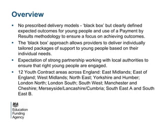 Overview
 No prescribed delivery models - ‘black box’ but clearly defined
  expected outcomes for young people and use of a Payment by
  Results methodology to ensure a focus on achieving outcomes.
 The ‘black box’ approach allows providers to deliver individually
  tailored packages of support to young people based on their
  individual needs.
 Expectation of strong partnership working with local authorities to
  ensure that right young people are engaged.
 12 Youth Contract areas across England: East Midlands; East of
  England; West Midlands; North East; Yorkshire and Humber;
  London North; London South; South West; Manchester and
  Cheshire; Merseyside/Lancashire/Cumbria; South East A and South
  East B.
 