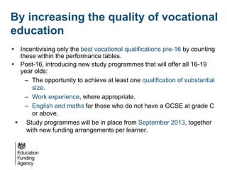 By increasing the quality of vocational
education
 Incentivising only the best vocational qualifications pre-16 by counting
  these within the performance tables.
 Post-16, introducing new study programmes that will offer all 16-19
  year olds:
    – The opportunity to achieve at least one qualification of substantial
      size.
    – Work experience, where appropriate.
    – English and maths for those who do not have a GCSE at grade C
      or above.
  Study programmes will be in place from September 2013, together
    with new funding arrangements per learner.
 