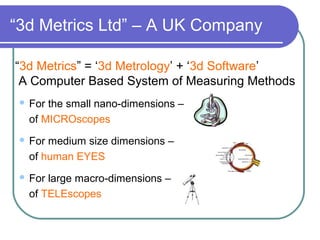 “3d Metrics Ltd” – A UK Company
“3d Metrics” = ‘3d Metrology’ + ‘3d Software’
A Computer Based System of Measuring Methods
 For the small nano-dimensions –
of MICROscopes
 For medium size dimensions –
of human EYES
 For large macro-dimensions –
of TELEscopes
 