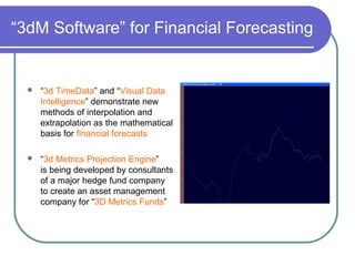 “3dM Software” for Financial Forecasting
 “3d TimeData” and “Visual Data
Intelligence” demonstrate new
methods of interpolation and
extrapolation as the mathematical
basis for financial forecasts
 “3d Metrics Projection Engine”
is being developed by consultants
of a major hedge fund company
to create an asset management
company for “3D Metrics Funds”
 