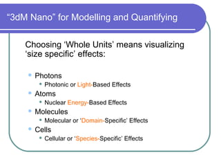 “3dM Nano” for Modelling and Quantifying
Choosing ‘Whole Units’ means visualizing
‘size specific’ effects:
 Photons
 Photonic or Light-Based Effects
 Atoms
 Nuclear Energy-Based Effects
 Molecules
 Molecular or ‘Domain-Specific’ Effects
 Cells
 Cellular or ‘Species-Specific’ Effects
 
