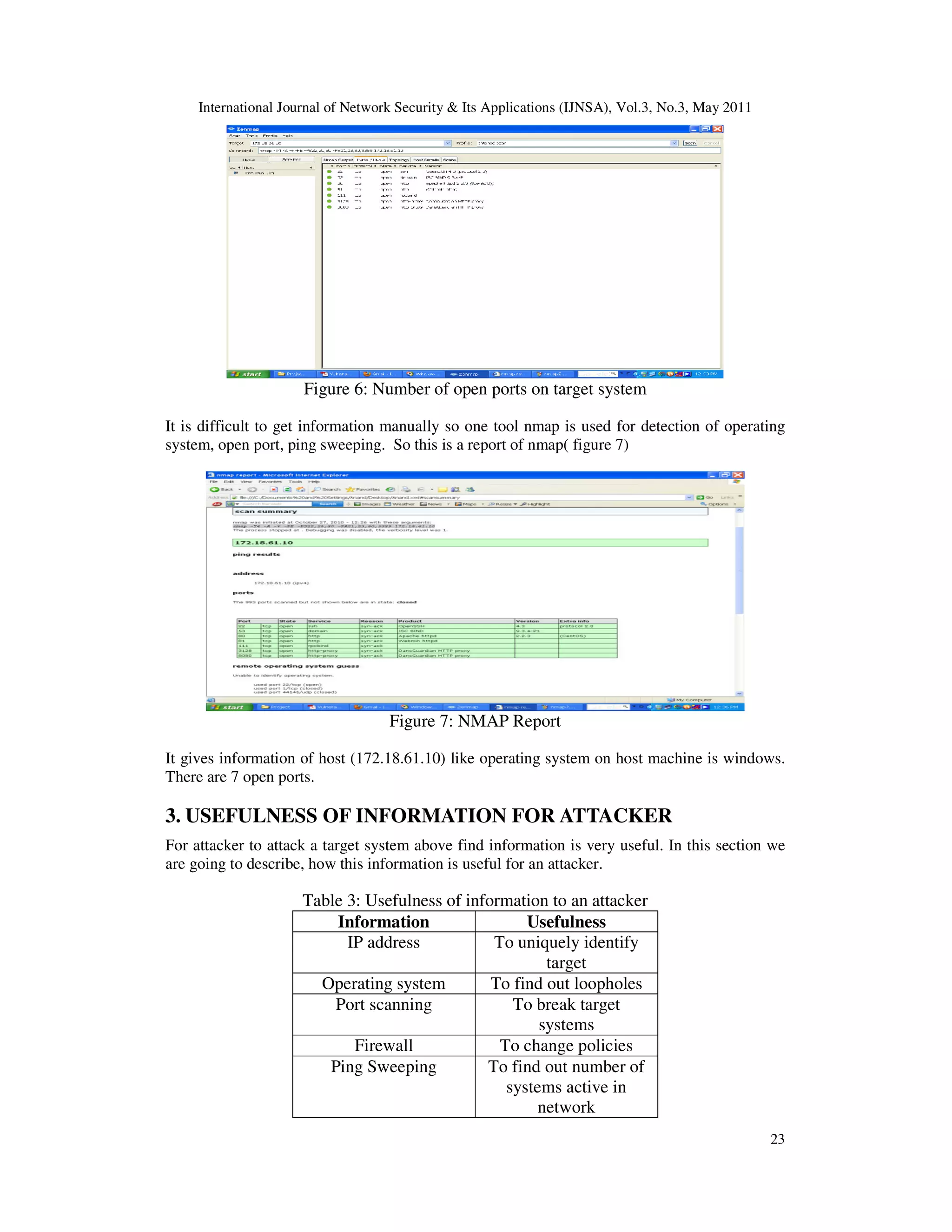 International Journal of Network Security & Its Applications (IJNSA), Vol.3, No.3, May 2011
23
Figure 6: Number of open ports on target system
It is difficult to get information manually so one tool nmap is used for detection of operating
system, open port, ping sweeping. So this is a report of nmap( figure 7)
Figure 7: NMAP Report
It gives information of host (172.18.61.10) like operating system on host machine is windows.
There are 7 open ports.
3. USEFULNESS OF INFORMATION FOR ATTACKER
For attacker to attack a target system above find information is very useful. In this section we
are going to describe, how this information is useful for an attacker.
Table 3: Usefulness of information to an attacker
Information Usefulness
IP address To uniquely identify
target
Operating system To find out loopholes
Port scanning To break target
systems
Firewall To change policies
Ping Sweeping To find out number of
systems active in
network
 