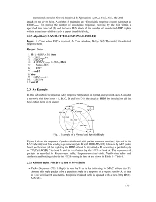International Journal of Network Security & Its Applications (IJNSA), Vol.3, No.3, May 2011
170
attack on the given host. Algorithm 5 maintains an “Unsolicited response counter (denoted as
URSPcounter) for storing the number of unsolicited responses received by the host within a
specified time interval (δ) and declares DoS attack if the number of unsolicited ARP replies
within a time interval (δ) exceeds a preset threshold DoSTh.
2.2.5 Algorithm 5: UNSOLICITED-RESPONSE-HANDLER
Input: τ - Time when RSP is received, δ- Time window, DoSTh- DoS Threshold, Un-solicited
response table
Output: Status
1: if (τ −URSPτ< δ ) then
2: URSPcounter++
3: URSPτ=τ
4: if (URSPTcounter > DoSTh) then
5: Status=DoS
6: EXIT
7: end if
8: else
9: URSPcounter=1
10: URSPτ=τ
11: end if
2.3 An Example
In this sub-section we illustrate ARP response verification in normal and spoofed cases. Consider
a network with four hosts - A, B, C, D and host D is the attacker. HIDS be installed on all the
hosts which need to be secure.
Fig. 1. Example of a Normal and Spoofed Reply
Figure 1 shows the sequence of packets (indicated with packet sequence numbers) injected in the
LAN when (i) host B is sending a genuine reply to B with IP(B)-MAC(B) followed by ARP probe
based verification (of the reply) by the HIDS at host A, (ii) attacker D is sending a spoofed reply
as “IP(C)-MAC(D) ” to host A and its verification by the HIDS at host A. The sequences of
packets as recorded in Request-sent table, Response-received table, Verification table and
Authenticated bindings table in the HIDS running in host A are shown in Table 1 - Table 4.
2.3.1 Genuine reply from B to A and its verification
– Packet Sequence (PS) 1: Reply is sent by B to A for informing its MAC address (to B).
Assume this reply packet to be a gratuitous reply or a response to a request sent by A, so that
it is not considered unsolicited. Response-received table is updated with a new entry IP(B)-
MAC(B) .
 