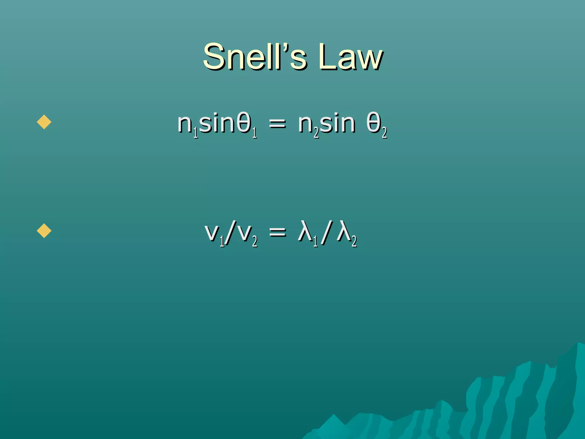 Snell’s LawSnell’s Law
 nn11sinsinθθ11 = n= n22sinsin θθ22
 vv11/v/v22 == λλ11 // λλ22
 