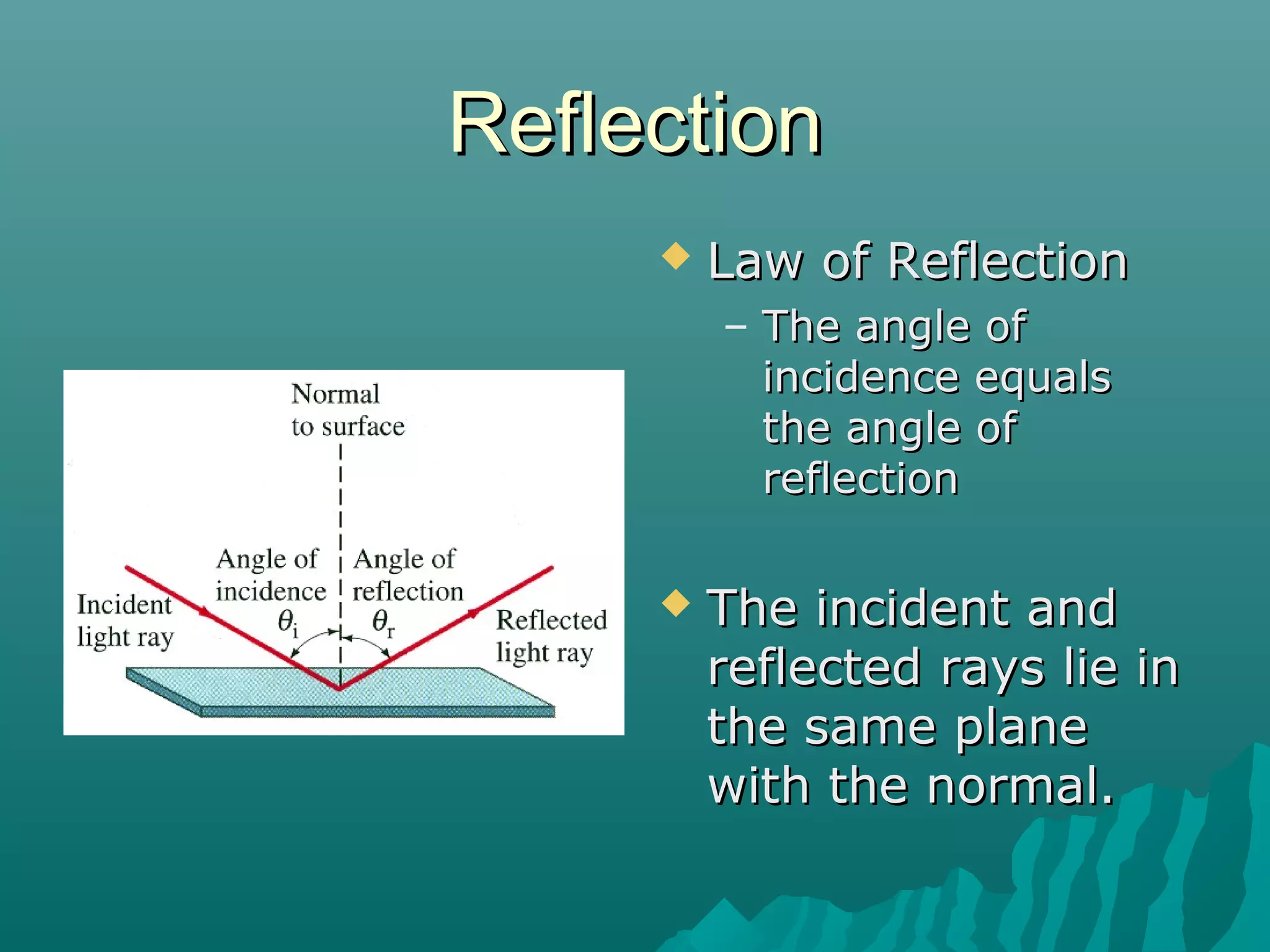 ReflectionReflection
 Law of ReflectionLaw of Reflection
– The angle ofThe angle of
incidence equalsincidence equals
the angle ofthe angle of
reflectionreflection
 The incident andThe incident and
reflected rays lie inreflected rays lie in
the same planethe same plane
with the normal.with the normal.
 