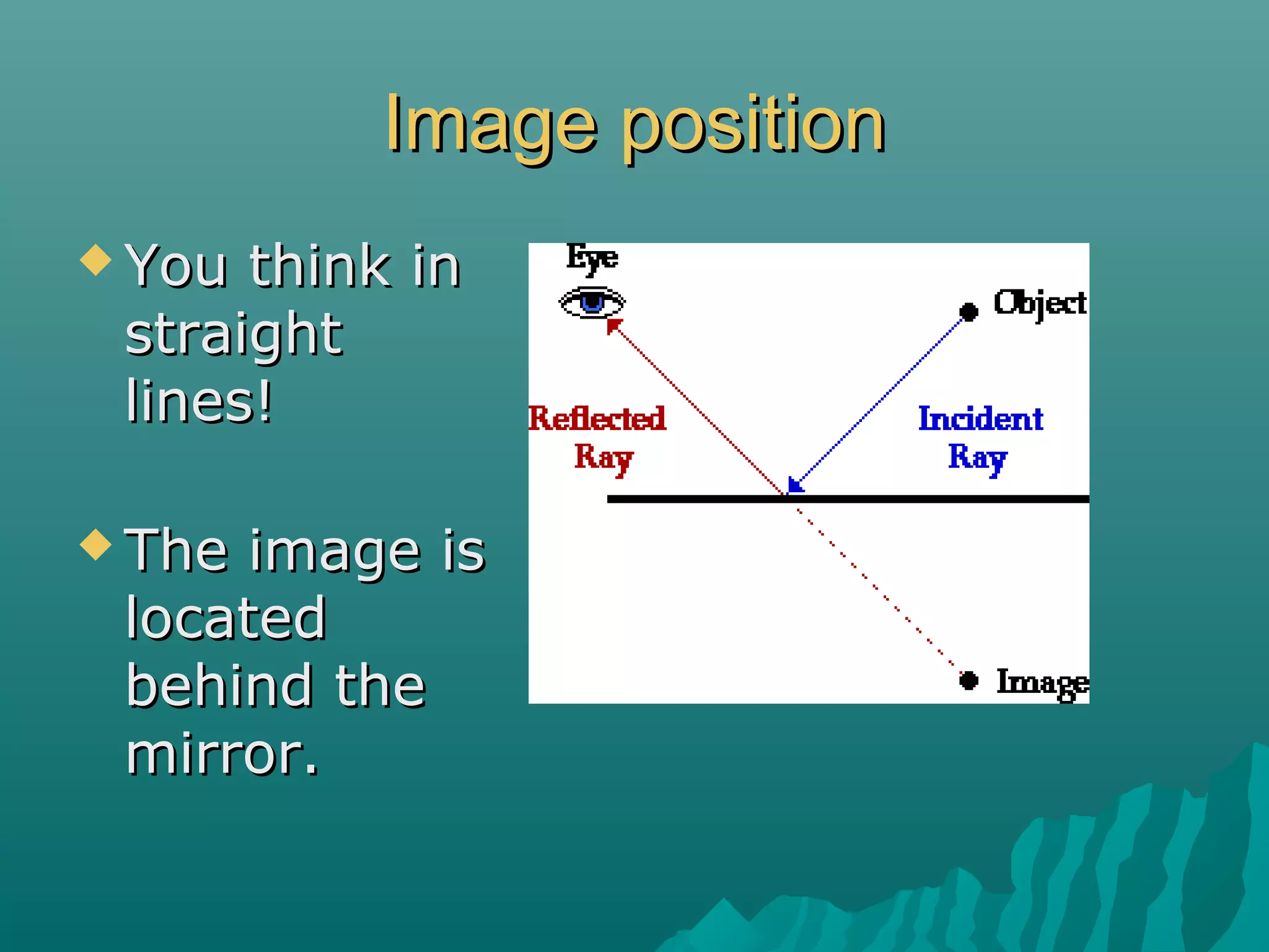 Image positionImage position
 You think inYou think in
straightstraight
lines!lines!
 The image isThe image is
locatedlocated
behind thebehind the
mirror.mirror.
 