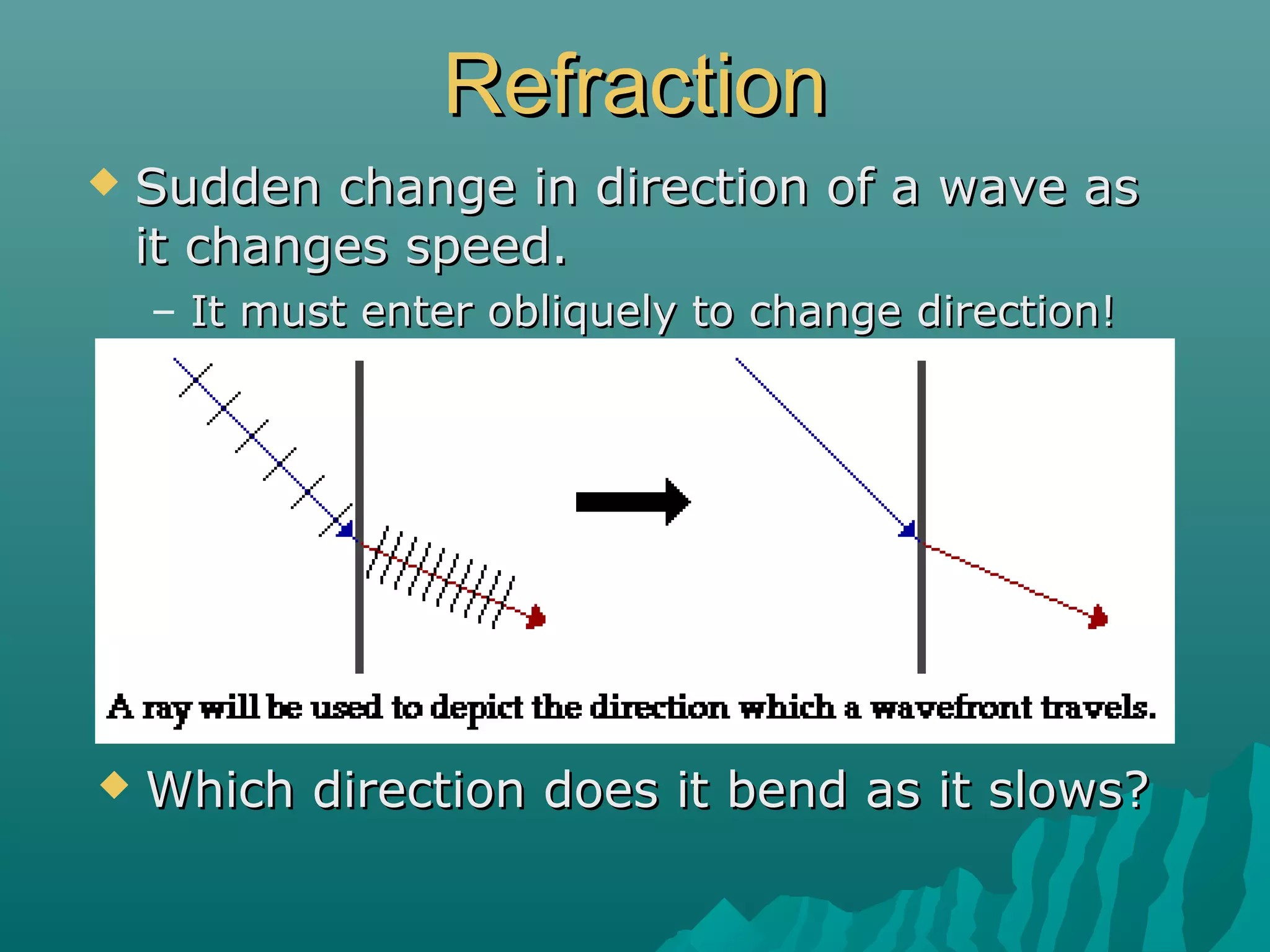 RefractionRefraction
 Sudden change in direction of a wave asSudden change in direction of a wave as
it changes speed.it changes speed.
– It must enter obliquely to change direction!It must enter obliquely to change direction!
 Which direction does it bend as it slows?Which direction does it bend as it slows?
 