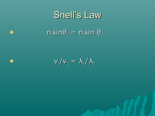 Snell’s LawSnell’s Law
 nn11sinsinθθ11 = n= n22sinsin θθ22
 vv11/v/v22 == λλ11 // λλ22
 