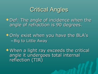 Critical AnglesCritical Angles
 Def: The angle of incidence when theDef: The angle of incidence when the
angle of refraction is 90 degrees.angle of refraction is 90 degrees.
 Only exist when you have the BLA’sOnly exist when you have the BLA’s
– Big to Little AwayBig to Little Away
 When a light ray exceeds the criticalWhen a light ray exceeds the critical
angle it undergoes total internalangle it undergoes total internal
reflection (TIR)reflection (TIR)
 