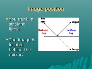 Image positionImage position
 You think inYou think in
straightstraight
lines!lines!
 The image isThe image is
locatedlocated
behind thebehind the
mirror.mirror.
 