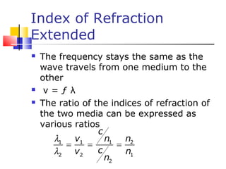 Index of Refraction
Extended
 The frequency stays the same as the
wave travels from one medium to the
other
 v = ƒ λ
 The ratio of the indices of refraction of
the two media can be expressed as
various ratios
1 1 1 2
2 2 1
2
c
v n n
cv n
n
λ
λ
= = =
 