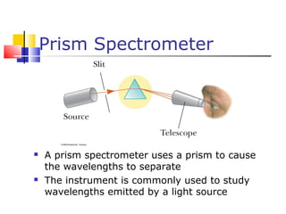 Prism Spectrometer
 A prism spectrometer uses a prism to cause
the wavelengths to separate
 The instrument is commonly used to study
wavelengths emitted by a light source
 