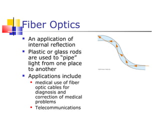 Fiber Optics
 An application of
internal reflection
 Plastic or glass rods
are used to “pipe”
light from one place
to another
 Applications include
 medical use of fiber
optic cables for
diagnosis and
correction of medical
problems
 Telecommunications
 