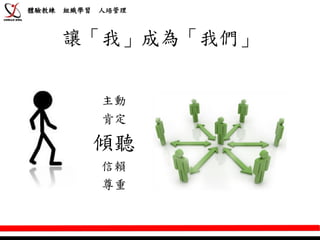 體驗教練   組織學習   人培管理



       讓「我」成為「我們」


              主動
              肯定

              傾聽
              信賴
              尊重
 