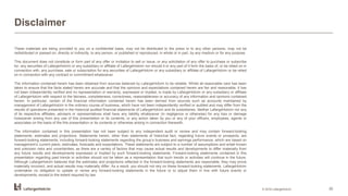 Disclaimer
© 2016 LafargeHolcim 35
These materials are being provided to you on a confidential basis, may not be distributed to the press or to any other persons, may not be
redistributed or passed on, directly or indirectly, to any person, or published or reproduced, in whole or in part, by any medium or for any purpose.
This document does not constitute or form part of any offer or invitation to sell or issue, or any solicitation of any offer to purchase or subscribe
for, any securities of LafargeHolcim or any subsidiary or affiliate of LafargeHolcim nor should it or any part of it form the basis of, or be relied on in
connection with, any purchase, sale or subscription for any securities of LafargeHolcim or any subsidiary or affiliate of LafargeHolcim or be relied
on in connection with any contract or commitment whatsoever.
The information contained herein has been obtained from sources believed by LafargeHolcim to be reliable. Whilst all reasonable care has been
taken to ensure that the facts stated herein are accurate and that the opinions and expectations contained herein are fair and reasonable, it has
not been independently verified and no representation or warranty, expressed or implied, is made by LafargeHolcim or any subsidiary or affiliate
of LafargeHolcim with respect to the fairness, completeness, correctness, reasonableness or accuracy of any information and opinions contained
herein. In particular, certain of the financial information contained herein has been derived from sources such as accounts maintained by
management of LafargeHolcim in the ordinary course of business, which have not been independently verified or audited and may differ from the
results of operations presented in the historical audited financial statements of LafargeHolcim and its subsidiaries. Neither LafargeHolcim nor any
of its respective affiliates, advisers or representatives shall have any liability whatsoever (in negligence or otherwise) for any loss or damage
howsoever arising from any use of this presentation or its contents, or any action taken by you or any of your officers, employees, agents or
associates on the basis of the this presentation or its contents or otherwise arising in connection therewith.
The information contained in this presentation has not been subject to any independent audit or review and may contain forward-looking
statements, estimates and projections. Statements herein, other than statements of historical fact, regarding future events or prospects, are
forward-looking statements, including forward-looking statements regarding the group’s business and earnings performance, which are based on
management’s current plans, estimates, forecasts and expectations. These statements are subject to a number of assumptions and entail known
and unknown risks and uncertainties, as there are a variety of factors that may cause actual results and developments to differ materially from
any future results and developments expressed or implied by such forward-looking statements. Forward-looking statements contained in this
presentation regarding past trends or activities should not be taken as a representation that such trends or activities will continue in the future.
Although LafargeHolcim believes that the estimates and projections reflected in the forward-looking statements are reasonable, they may prove
materially incorrect, and actual results may materially differ. As a result, you should not rely on these forward-looking statements. LafargeHolcim
undertakes no obligation to update or revise any forward-looking statements in the future or to adjust them in line with future events or
developments, except to the extent required by law.
 
