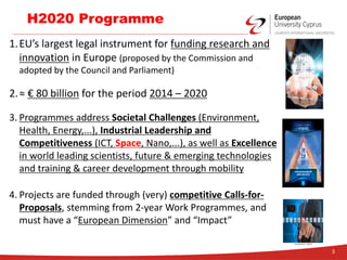 1.EU’s largest legal instrument for funding research and
innovation in Europe (proposed by the Commission and
adopted by the Council and Parliament)
2.≈ € 80 billion for the period 2014 – 2020
3. Programmes address Societal Challenges (Environment,
Health, Energy,...), Industrial Leadership and
Competitiveness (ICT, Space, Nano,...), as well as Excellence
in world leading scientists, future & emerging technologies
and training & career development through mobility
4. Projects are funded through (very) competitive Calls-for-
Proposals, stemming from 2-year Work Programmes, and
must have a “European Dimension” and “Impact”
H2020 Programme
3
 