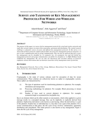 International Journal of Network Security & Its Applications (IJNSA), Vol.4, No.3, May 2012
DOI : 10.5121/ijnsa.2012.4302 21
SURVEY AND TAXONOMY OF KEY MANAGEMENT
PROTOCOLS FOR WIRED AND WIRELESS
NETWORKS
Adarsh Kumar1
, Alok Aggarwal2
and Charu3
123
Department of Computer Science and Information Technology, Jaypee Institute of
Information and Technology, Noida, INDIA
1
adarsh.kumar@jiit.ac.in, 2
alok.aggarwal@jiit.ac.in,
3
charu.kumar@jiit.ac.in
ABSTRACT
The purpose of this paper is to survey the key management protocols for wired and wireless networks and
study their security aspects in terms of key generation, agreement and distribution. The central research
challenge is exhaustive survey of secure and efficient key management protocols. In this survey, it is
shown that all these protocols could be placed under one of two key management protocol categories: (i)
peer to peer communication and (ii) group communication. This can also be analyzed that peer to peer
key management can be classified as: (i) symmetric key, (ii) asymmetric key and (iii) hybrid key
management protocols and group communication can further be classified as: (i) Diffie-Hellman based
(ii)Hybrid key management. We can say that our theoretical and execution analysis of protocols
emphasise various observations that can motivate researchers in key management issues of networks.
KEYWORDS
Key Management Protocols, Peer to Peer, Group, Multicast, Hierarchical, Tree based, Trusted Third
Party, Escrow less, Server based, Server less
1. INTRODUCTION
Cryptography is the study of various schemes used for encryption of data for secure
communication. These schemes are collectively known as cipher or cryptographic systems.
These ciphers are characterized by:-
(i) The type of operations used for transforming plaintext to ciphertext. For example,
substitution and transposition.
(ii) Processing methodology for plaintext. For example, Block processing or stream
processing.
(iii) Number of keys used to convert plaintext to ciphertext. For example,
symmetric/single or asymmetric/two key/public key.
Key is an element which can be either numeric or non-numeric, which when applied to a given
message results in a encrypted message. Key can be implicitly or explicitly derived from
plaintext. Implicit key derivation is also known as auto keying, where the derived key is a part
of the plaintext. Explicit key or individual key is a key that is not a part of the plaintext. For a
secure communication to take place, the life cycle of key involves: initialization, agreement,
distribution and cancellation. This entire process is also known as key management. Figure 1
show the life cycle of key management.
 