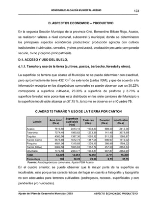 HONORABLE ALCALDÍA MUNICIPAL ACASIO                                 123
____________________________________________________________________________________



                       D. ASPECTOS ECONOMICO – PRODUCTIVO

En la segunda Sección Municipal de la provincia Gral. Bernardino Bilbao Rioja, Acasio,
se realizaron talleres a nivel comunal, subcentral y municipal, donde se determinaron
los principales aspectos económicos productivos: producción agrícola con cultivos
tradicionales (tubérculos, cereales, y otros productos), producción pecuaria con ganado
vacuno, ovino y caprino principalmente.

D.1. ACCESO Y USO DEL SUELO.

d.1.1. Tamaño y uso de la tierra (cultivos, pastos, barbecho, forestal y otros).

La superficie de terreno que abarca el Municipio no se puede determinar con exactitud,
pero aproximadamente tiene 432 Km2 de extensión (cartas IGM); y que de acuerdo a la
información recogida en los diagnósticos comunales se puede observar que un 30.22%
corresponde a superficie cultivable, 23.30% a superficie de pastoreo y 8.73% a
superficie forestal, este porcentaje esta distribuido en los siete cantones del Municipio y
la superficie incultivable alcanza un 37.75 %, tal como se observa en el Cuadro 75.


              CUADRO 75 TAMAÑO Y USO DE LA TIERRA POR CANTON

                                      Superficie
                        Area total                  Pastoreo     Forestal     Incultivable
           Cantón                     Cultivable
                          (Ha s)                     (Ha s)       (Ha s)         (Ha s)
                                        (Ha s)
      Acasio                7619,60       2413,13      1904,80       889,20       2412,36
      Totoroma              7074,40       1980,83      1273,39       141,49       3678,69
      Tuquiza               4380,50       1387,30      1095,12       511,20       1386,87
      Taconi Caine          5575,80       1672,74      1487,06       696,97       1719,02
      Piriquina             4681,00       1310,68      1209,10       366,99       1794,22
      Taconi Bilbao         6089,50       1825,63      1152,74       257,59       2853,53
      Churitaca             7779,50       2463,77      1944,87       907,87       2462,99
      Total                  43.200        13.054       10.067        3.771         16.308
      Porcentaje                100         30,22       23,30          8,73          37,75
      Fuente: Autodiagnósticos comunales. Ajuste PDM Acasio

En el cuadro anterior, se puede observar que la mayor parte de la superficie es
incultivable, esto porque las características del lugar en cuanto a fisiografía y topografía
no son adecuadas para terrenos cultivables (pedregosos, rocosos, superficiales y con
pendientes pronunciadas).

____________________________________________________________________________________
Ajuste del Plan de Desarrollo Municipal 2003         ASPECTO ECONOMICO PRODUCTIVO
 