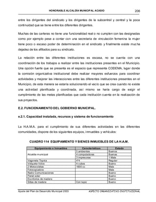 HONORABLE ALCALDÍA MUNICIP AL ACASIO                          206
_______________________________________________________________________________________________


entre los dirigentes del sindicato y los dirigentes de la subcentral y central y la poca
continuidad que se tiene entre los diferentes dirigentes.

Muchas de las carteras no tiene una funcionalidad real o no cumplen con las designadas
como por ejemplo pese a contar con una secretaria de vinculación femenina la mujer
tiene poco o escaso poder de determinación en el sindicato y finalmente existe muc ha
dejadez de los afiliados para su sindicato.

La relación entre las diferentes instituciones es escasa, no se cuenta con una
coordinación de los trabajos a realizar entre las instituciones presentes en el Municipio.
Una opción fuerte que se presenta es el espacio que representa CODEMA, lugar donde
la comisión organizativa institucional debe realizar mayores esfuerzos para coordinar
actividades y mejorar las interacciones entre las diferentes instituciones presentes en el
Municipio, de esta manera se estaría solucionando el vacío que se crea cuando no existe
una actividad planificada y coordinada, así mismo se haría cargo de exigir el
cumplimiento de las metas planificadas que cada institución cuenta en la realización de
sus proyectos.

E.2. FUNCIONAMIENTO DEL GOBIERNO MUNICIPAL.

e.2.1. Capacidad instalada, recursos y sistema de funcionamiento


La H.A.M.A. para el cumplimiento de sus diferentes actividades en las diferentes
comunidades, dispone de los siguientes equipos, inmuebles y vehículos:


         CUADRO 114 EQUIPAMIENTO Y BIENES INMUEBLES DE LA H.A.M.

              Equipamiento e Inmuebles              Característica s         Estado
                                               5 ambientes              Buenos
        Alcaldía municipal                     4 computadoras           Buenas
                                               3 impres oras            1 Mala
        Vagoneta Toyot a                       4*4                      Regular
        Volqueta Volvo                         4 cubos                  Bueno
        2 Motocicletas                         1600 cc                  Mala
        Fotocopiadora                                                   Mala
        Radio Comunicaciones                                            Bueno
        Panel solar                                                     Bueno
        Escritorios de madera                                           Bueno
        Sillas de madera                       Con tapiz                Bueno


Ajuste del Plan de Desarrollo Municipal 2003               ASPECTO ORGANIZATIVO-INSTITUCIONAL
 
