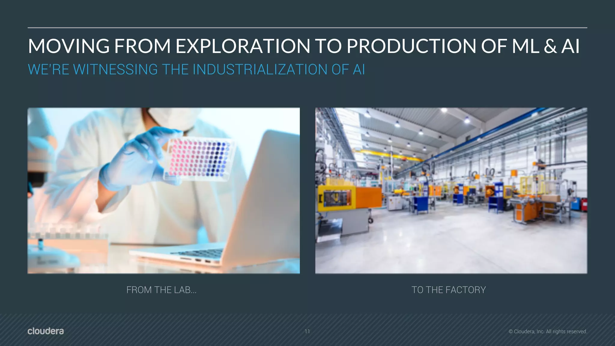 11 © Cloudera, Inc. All rights reserved.
MOVING FROM EXPLORATION TO PRODUCTION OF ML & AI
WE’RE WITNESSING THE INDUSTRIALIZATION OF AI
FROM THE LAB… TO THE FACTORY
 