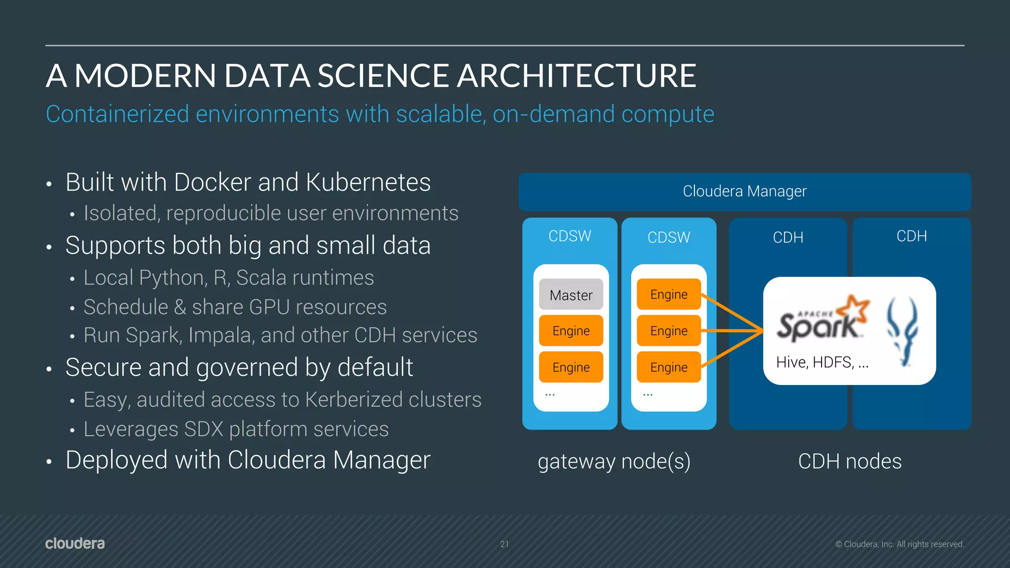 21 © Cloudera, Inc. All rights reserved.
A MODERN DATA SCIENCE ARCHITECTURE
Containerized environments with scalable, on-demand compute
• Built with Docker and Kubernetes
• Isolated, reproducible user environments
• Supports both big and small data
• Local Python, R, Scala runtimes
• Schedule & share GPU resources
• Run Spark, Impala, and other CDH services
• Secure and governed by default
• Easy, audited access to Kerberized clusters
• Leverages SDX platform services
• Deployed with Cloudera Manager
CDH CDH
Cloudera Manager
gateway node(s) CDH nodes
Hive, HDFS, ...
CDSW CDSW
...
Master
...
Engine
EngineEngine
EngineEngine
 