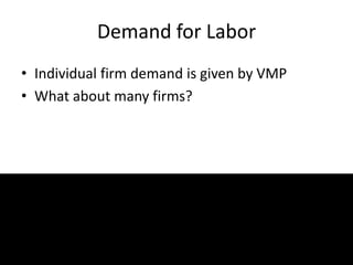 Demand for Labor
• Individual firm demand is given by VMP
• What about many firms?
 