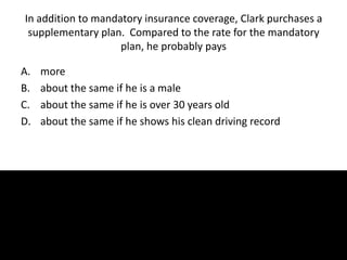 In addition to mandatory insurance coverage, Clark purchases a
supplementary plan. Compared to the rate for the mandatory
plan, he probably pays
A. more
B. about the same if he is a male
C. about the same if he is over 30 years old
D. about the same if he shows his clean driving record
 