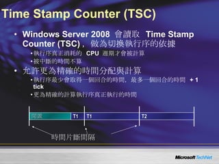 Time Stamp Counter (TSC) Windows Server 2008  會讀取  Time Stamp Counter (TSC) ，做為切換執行序的依據 執行序真正消耗的  CPU  週期才會被計算 被中斷的時間不算 允許更為精確的時間分配與計算 執行序最少會取得一個回合的時間，最多一個回合的時間  + 1 tick 更為精確的計算執行序真正執行的時間 閒置 T1 T1 時間片斷間隔 T2 