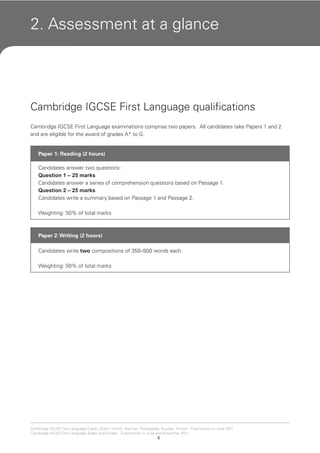 4
Cambridge IGCSE First Language Czech, Dutch, French, German, Portuguese, Russian, Turkish. Examination in June 2011.
Cambridge IGCSE First Language Arabic and Korean. Examination in June and November 2011.
2. Assessment at a glance
Cambridge IGCSE First Language qualifications
Cambridge IGCSE First Language examinations comprise two papers. All candidates take Papers 1 and 2
and are eligible for the award of grades A* to G.
Paper 1: Reading (2 hours)
Candidates answer two questions:
Question 1 – 25 marks
Candidates answer a series of comprehension questions based on Passage 1.
Question 2 – 25 marks
Candidates write a summary based on Passage 1 and Passage 2.
Weighting: 50% of total marks
Paper 2:Writing (2 hours)
Candidates write two compositions of 350–500 words each.
Weighting: 50% of total marks
 