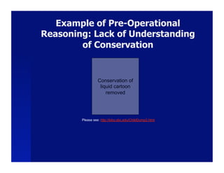 Example of Pre-Operational
Reasoning: Lack of Understanding
        of Conservation


                  Conservation of
                   liquid cartoon
                      removed




        Please see: http://lobo.sbc.edu/ChildDump2.html
 