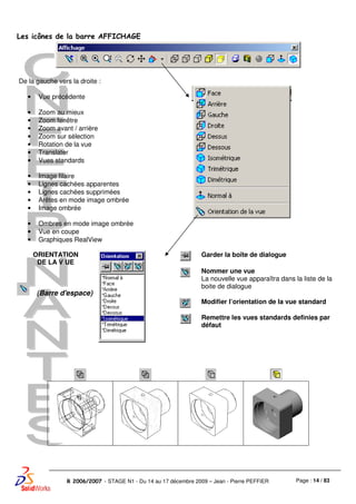 Page : 14 / 83R 2006/2007 - STAGE N1 - Du 14 au 17 décembre 2009 – Jean - Pierre PEFFIER
Les icônes de la barre AFFICHAGE
De la gauche vers la droite :
• Vue précédente
• Zoom au mieux
• Zoom fenêtre
• Zoom avant / arrière
• Zoom sur sélection
• Rotation de la vue
• Translater
• Vues standards
• Image filaire
• Lignes cachées apparentes
• Lignes cachées supprimées
• Arêtes en mode image ombrée
• Image ombrée
• Ombres en mode image ombrée
• Vue en coupe
• Graphiques RealView
ORIENTATION
DE LA V UE
(Barre d'espace)
Garder la boîte de dialogue
Nommer une vue
La nouvelle vue apparaîtra dans la liste de la
boite de dialogue
Modifier l’orientation de la vue standard
Remettre les vues standards definies par
défaut
 