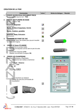 Page : 21 / 83R 2006/2007 - STAGE N1 - Du 14 au 17 décembre 2009 – Jean - Pierre PEFFIER
CREATION DE LA TIGE
Commandes Icône Boites de dialogue / Résultat
1 CREER UN NOUVEAU DOCUMENT PIECE
Le sauvegarder sous le nom : TIGE
2 CREER LE CYLINDRE DE BASE
(∅∅∅∅ 12 ; Longueur 143)
Commandes :
Insertion, Esquisse
Outils, Entités d’esquisses, Cercle
Outils, Cotation, parallèle
Insertion, Base, Extrusion
3 CHANGER DE POINT DE VUE
(Il faut tourner autour de la pièce pour pouvoir travailler
au niveau de l’origine)
4 CREER LE 2eme CYLINDRE
- Sélectionner la surface visible.
- Réaliser une esquisse (cercle) dans le plan de cette
surface.
- Contraindre l’esquisse (∅∅∅∅10)
- Réaliser une extrusion (Longueur 30)
5 CREER LES CHANFREINS
Insertions, Fonctions, Chanfreins
Sélectionner les 2 arêtes à chanfreiner
- Type : Angle – Distance
- Distance : 1 mm
- Angle : 45°
Cliquer sur
Les 2 chanfreins se réalisent.
(vérifiez-les avec les commandes de
visualisation)
 