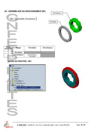 Page : 52 / 83R 2006/2007 - STAGE N1 - Du 14 au 17 décembre 2009 – Jean - Pierre PEFFIER
A2 - ASSEMBLAGE DU SOUS-ENSEMBLE SE2
SE2 = { Rondelle, Amortisseur }
ARBRE DE CREATION - SE2
Ordre
d'insertio
n
Pièces Rondelle Amortisseur
1 Rondelle
2 Amortisseur Concentrique +
Coïncident
Rondelle
Amortisseur
 