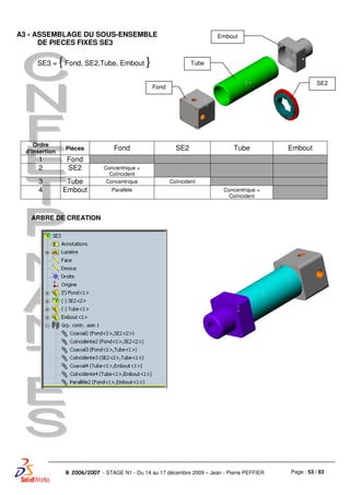 Page : 53 / 83R 2006/2007 - STAGE N1 - Du 14 au 17 décembre 2009 – Jean - Pierre PEFFIER
A3 - ASSEMBLAGE DU SOUS-ENSEMBLE
DE PIECES FIXES SE3
SE3 = { Fond, SE2,Tube, Embout }
Ordre
d'insertion
Pièces Fond SE2 Tube Embout
1 Fond
2 SE2 Concentrique +
Coïncident
3 Tube Concentrique Coïncident
4 Embout Parallèle Concentrique +
Coïncident
ARBRE DE CREATION
Fond
Tube
Embout
SE2
 