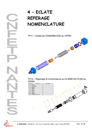 Page : 73 / 83R 2006/2007 - STAGE N1 - Du 14 au 17 décembre 2009 – Jean - Pierre PEFFIER
TP11 – Eclaté de l’ASSEMBLAGE du VERIN
TP12 – Repérage et nomenclature sur la MISE EN PLAN du
VERIN
4 – ECLATE
REPERAGE
NOMENCLATURE
 