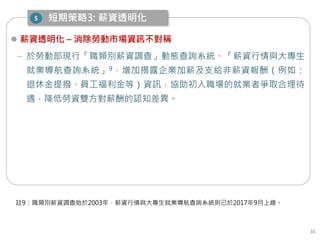 30
 薪資透明化 – 消除勞動市場資訊不對稱
– 於勞動部現行「職類別薪資調查」動態查詢系統、「薪資行情與大專生
就業導航查詢系統」9，增加揭露企業加薪及支給非薪資報酬（例如：
退休金提撥、員工福利金等）資訊，協助初入職場的就業者爭取合理待
遇，降低勞資雙方對薪酬的認知差異。
短期策略3: 薪資透明化
註9：職類別薪資調查始於2003年，薪資行情與大專生就業導航查詢系統則已於2017年9月上線。
S
 