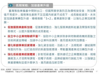 37
臺灣製造業偏重中間財出口，但國際競爭激烈且為價格接受者，附加價
值不易提升；服務業在創新不足且國內薪資不成長下，成長動能疲弱。未來
宜加速產業轉型升級，積極推動「5+2」產業創新計畫，以強化企業加薪意
願。
 促進服務業創新加值，促進軟硬整合，強化服務業創新能量及開發新型服
務模式，以提升服務業的成長動能。
 設立中小企業物聯網平臺16，協助中小企業排除參與物聯網商機時面臨之
技術與資金障礙，加速中小企業科技應用，進而提高其附加價值。
 優化新創事業投資環境，強化資金協助、活絡人才、法規鬆綁、鏈結國際
等面向作為，以打造良好的新創發展環境，帶動臺灣產業成功轉型升級。
 強化低薪產業經營體質：針對低薪產業，提供適切之企業體質改善、規模
擴展及人才培育等課程，如電子商務、品牌經營與行銷能力等，以強健企
業營運機制並提升競爭力，進而創造加薪空間。
長期策略: 加速產業升級
註16：經濟部「2016年中小企業白皮書，智慧經濟下中小企業發展策略」指出，考量物聯網需具備跨領域之資源、企業與人才共
同發展特性，可設立中小企業物聯網平台，提供產業物聯網知識與應用，並作為人才與企業交流，以及尋求合作夥伴管道
L
 