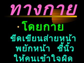 04/24/14
ทางกาย
•โดยกาย
ขีดเขียนส่ายหน้า
พยักหน้า ชี้นิ้ว
ให้คนเข้าใจผิด
 