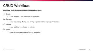 Create
• A user is adding a new instance to the application
Retrieve
• A user is searching, filtering, and viewing a specific instance or group of instances
Update
• A user is editing the values of an instance
Delete
• A user is removing an instance from the application
ACRONYM THAT ENCOMPASSES ALL POSSIBLE ACTIONS
© Commvault 2024 14
CRUD Workflows
 