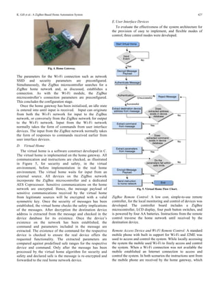 K. Gill et al.: A ZigBee-Based Home Automation System                                                                      427

                                                               E. User Interface Devices
                                                                  To evaluate the effectiveness of the system architecture for
                                                               the provision of easy to implement, and flexible modes of
                                                               control; three control modes were developed.




                         Fig. 4. Home Gateway.

The parameters for the Wi-Fi connection such as network
SSID and security parameters are preconfigured.
Simultaneously, the ZigBee microcontroller searches for a
ZigBee home network and, as discussed, establishes a
connection. As with the Wi-Fi module, the ZigBee
microcontroller’s connection parameters are preconfigured.
This concludes the configuration stage.
   Once the home gateway has been initialised, an idle state
is entered into until input is received. Input can originate
from both the Wi-Fi network for input to the ZigBee
network, or conversely from the ZigBee network for output
to the Wi-Fi network. Input from the Wi-Fi network
normally takes the form of commands from user interface
devices. The input from the ZigBee network normally takes
the form of responses to commands received earlier from
user interface devices.
D.   Virtual Home
   The virtual home is a software construct developed in C.
The virtual home is implemented on the home gateway. All
communication and instructions are checked, as illustrated
in Figure 5, for security and safety, in the virtual
environment, before implementation in the real home
environment. The virtual home waits for input from an
external source. All devices on the ZigBee network
incorporate the ZigBee microcontroller and a dedicated
AES Coprocessor. Sensitive communications on the home
network are encrypted. Hence, the message payload of                            Fig. 5. Virtual Home Flow Chart.
sensitive communications received by the virtual home
from legitimate sources will be encrypted with a valid         ZigBee Remote Control: A low cost, simple-to-use remote
symmetric key. Once the security of messages has been          controller, for the local monitoring and control of devices was
established, the virtual home checks the safety implications   developed. The controller board includes a ZigBee
of the messages. After decryption the destination device       microcontroller, LCD display, four push button switches, and
address is extracted from the message and checked in the       is powered by four AA batteries. Instructions from the remote
device database for its existence. Once the device’s           control traverse the home network until received by the
existence on the network has been established, the             destination device.
command and parameters included in the message are
extracted. The existence of the command for the respective     Remote Access Device and Wi-Fi Remote Control: A standard
device is checked to ensure the real device offers the         mobile phone with built in support for Wi-Fi and J2ME was
requested functionality. The extracted parameters are          used to access and control the system. While locally accessing
compared against predefined safe ranges for the respective     the system the mobile used Wi-Fi to freely access and control
device and command. Only after the message has been            the system. When a Wi-Fi connection was not available the
processed by the virtual home algorithm for security and       mobile established an Internet connection to access and
safety and declared safe is the message is re-encrypted and    control the system. In both scenarios the instructions sent from
forwarded to the real home network device.                     the mobile phone are received by the home gateway, which
 