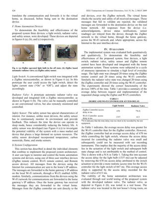 428                                                                               IEEE Transactions on Consumer Electronics, Vol. 55, No. 2, MAY 2009

translates the communication and forwards it to the virtual                 end devices, over the ZigBee network. The virtual home
home, as discussed, before being sent to the destination                    checks the security and safety of all received messages. Those
device.                                                                     messages that fail to validate are rejected, the validated
                                                                            messages are forwarded to the destination device on the real
F. Home Automation Devices
                                                                            home network. All responses from the device (i.e.
   To demonstrate the feasibility and effectiveness of the                  acknowledgments, device status notifications, sensor
proposed system three devices; a light switch, radiator valve,              readings) are relayed from the device, through the ZigBee
and safety sensor, were developed. These devices are depicted               network to the virtual home, through the home gateway,
in figures 6 (a), (b), and (c) respectively.                                across the Wi-Fi network and, where appropriate, across the
                                                                            Internet to the user interface device.

                                                                                                  IV. EVALUATION
                                                                               The implemented system was evaluated both quantitatively
                                                                            and qualitatively. To demonstrate the feasibility and
                                                                            effectiveness of the proposed system, four devices, a light
           a.                       b.                    c.                switch, radiator valve, safety sensor and ZigBee remote
                                                                            control have been developed and integrated with the home
Fig. 6. (a) ZigBee operated light bulb in the off state; (b) ZigBee based   automation system. These systems were subjected to a cycle
automatic radiator valve; (c) ZigBee safety sensor.                         of strenuous operations to simulate a high level of everyday
                                                                            usage. The light state was changed 20 times using the ZigBee
Light Switch: A conventional light switch was integrated with               remote control and 20 times using the Wi-Fi controller.
a ZigBee microcontroller, as shown in Figure 6 (a). In this                 Similarly the radiator valve state was changed 20 times using
prototype the user could access the light switch, detect the                the ZigBee controller and 20 times using the Wi-Fi controller.
lights current state (“On” or “Off”), and adjust the state                  The experiments showed the correct functionality of the
accordingly.                                                                devices 100% of the time. Table 1 provides a summary of the
                                                                            average delay between request and implementation of the
Radiator Valve: A prototype automatic radiator valve was                    requested change using the Zigbee and Wi-Fi controllers.
developed and integrated with a ZigBee microcontroller, as                                            TABLE 1
shown in Figure 6 (b). The valve can be manually controlled                         ZIGBEE AND WI-FI CONTROLLER ACCESS DELAY
as are conventional valves, but also remotely monitored and
                                                                                                                  Light Switch          Radiator Valve
controlled.
                                                                             ZigBee Controller access
                                                                                                                       670                    *N/A
Safety Sensor: The safety sensor has special characteristics of              delay in ms
interest. For instance, unlike most devices, the safety sensor               Wi-Fi Controller access
                                                                                                                     1337                     613
has to continuously monitor its environment and provide                      delay in ms
                                                                            *N/A indicates that the time delay was too short to be recorded by the test
feedback. This reduces the time the device can operate in                   equipment.
sleep mode, hence considerably reducing the battery life. A
safety sensor was developed (see Figure 6 (c)) to investigate               As Table 1 indicates, the average access delay was greater for
the potential viability of the system with a mass market end                the Wi-Fi controller than for the ZigBee controller. However,
device that places a large demand on system resources. The                  the ZigBee controller had an average access delay of 670 ms
safety sensor developed incorporated temperature, carbon                    while controlling the light switch, whereas the access delay
monoxide, flame, and smoke sensors.                                         incurred for controlling the radiator valve was small and
                                                                            subsequently could not be measured with our recording
G. System Configuration                                                     instruments. This implies that the majority of the access delay
   This section has described in detail the individual elements             lies in the actuation of the light switch and subsequent bulb
that combine to implement the proposed system architecture.                 state change and is not attributable to the method of control.
A user can login to monitor and control the home automation                 This is shown with a N/A in Table 1. Taking this into account
systems end devices, using one of three user interface devices              the access delay for the light bulb (1337 ms) can be adjusted
(ZigBee remote control, Wi-Fi remote control, and Remote                    by removing the 670 ms access delay attributed to the switch
access device). All messages from the devices using the                     actuation to provide a more realistic access time for the Wi-Fi
Internet for communication are sent to the home’s IP address.               controller for the light switch of 667 ms. This average access
The messages are forwarded to the home gateway’s IP address                 delay is supported by the access delay recorded for the
on the local Wi-Fi network, through a Wi-Fi enabled ADSL                    radiator valve of 613 ms.
modem. Similarly, communications from the devices using the                 The viability of the home automation architecture was
Wi-Fi network for communications are forwarded to the home                  evaluated through real world testing of the proposed system
gateway’s IP address. Once the home gateway has received                    with the developed radiator valve. The radiator valve, as
the messages they are forwarded to the virtual home.                        depicted in Figure 6 (b), was tested in a real house. The
Messages from the ZigBee controller are sent directly to the                radiator valve was located in the test house’s living room, on
 
