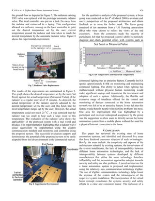 K. Gill et al.: A ZigBee-Based Home Automation System                                                                             429

the ground floor as depicted in Figure 7. The radiators existing      For the qualitative analysis of the proposed system, a focus
TRV valve was replaced with the prototype automatic radiator       group was conducted on the 4th of March 2008 to evaluate end
valve. The local controller was put on a desk 2m away from         user’s perspectives of the proposed architecture and obtain
the radiator and connected to a laptop. This configuration         feedback as to areas for further work. The focus group
allowed test software running on the local controller to print     consisted of ten members from a UK Housing Association
out the desired temperature set by the user, current               (HA) who were chosen to reflect the views of the end
temperature around the radiator and time taken to reach the        customers. From the comments made the majority of
desired temperature by the automatic radiator valve. Figure 8      participants felt that the proposed system’s ability to remotely
shows the experimental environment.                                diagnose and check potential errors with systems such as




                                                                            Fig. 9. Set Temperature and Measured Temperature

                                                                   communal lighting was an attractive feature. Currently the HA
                                                                   spends approximately £100k on monitoring and maintaining
                  Fig. 7. Radiator Valve Replacement
                                                                   communal lighting. The ability to detect when lighting has
The results of the experiments are summarised in Figure 9.         malfunctioned without physical human monitoring would
The graph shows the desired temperature set by the user (Set       make significant savings and incentivise the investment and
Point) against the actual temperature (Measured Value) of the      adoption of such a system. Additionally, the flexible and
radiator at a regular interval of 15 minutes. As depicted, the     extensive range of interfaces offered for the control and
actual temperature of the radiator quickly adjusted to the         monitoring of devices connected to the home automation
desired temperature set by the user, and this holds true for       network was felt to be an attractive feature. It was felt that this
most temperature ranges set by the user. However, the actual       feature would benefit people with mobility problems the most.
                                     o
temperature could not reach 25 C , it was surmised that the        One area for improvement that was highlighted by a
radiator was too small to heat such a large room to this           participant and received widespread acceptance by the group
temperature. The evaluation of the radiator valve shows the        was the suggestion to allow users to directly access the home
applicability of the proposed system with a real world end         automation system from a mobile phone without the need for
product. The experimentation highlighted that a radiator valve     a physical Internet connection to the home.
could successfully be implemented using the ZigBee
communication standard and monitored and controlled using                                  V. CONCLUSION
the proposed system. This successful evaluation supports and          This paper has reviewed the existing state of home
demonstrates the potential of the proposed system to be easily     automation systems, and identified and discussed five areas
adaptable from the lab environment to the commercial market.       that have hindered consumer adoption of such technologies.
                                                                   Briefly, the areas include: the complexity and expense of the
                                                                   architectures adopted by existing systems, the intrusiveness of
                                                                   the system installations, the lack of interoperability between
                                                                   different home automation technologies, and the lack of
                                                                   interoperability between systems developed by different
                                                                   manufacturers that utilise the same technology. Interface
                                                                   inflexibility and the inconsistent approaches adopted towards
                                                                   security and safety are also problems. A novel architecture for
                                                                   a home automation system is proposed and implemented,
                                                                   using the relatively new communication technology ZigBee.
                                                                   The use of ZigBee communications technology helps lower
                                                                   the expense of the system and the intrusiveness of the
                                                                   respective system installation. The incorporation of the virtual
                                                                   home concept coordinates the systems security and safety
                   Fig. 8. Experimental Environment                efforts in a clear and consistent manor. The inclusion of a
 