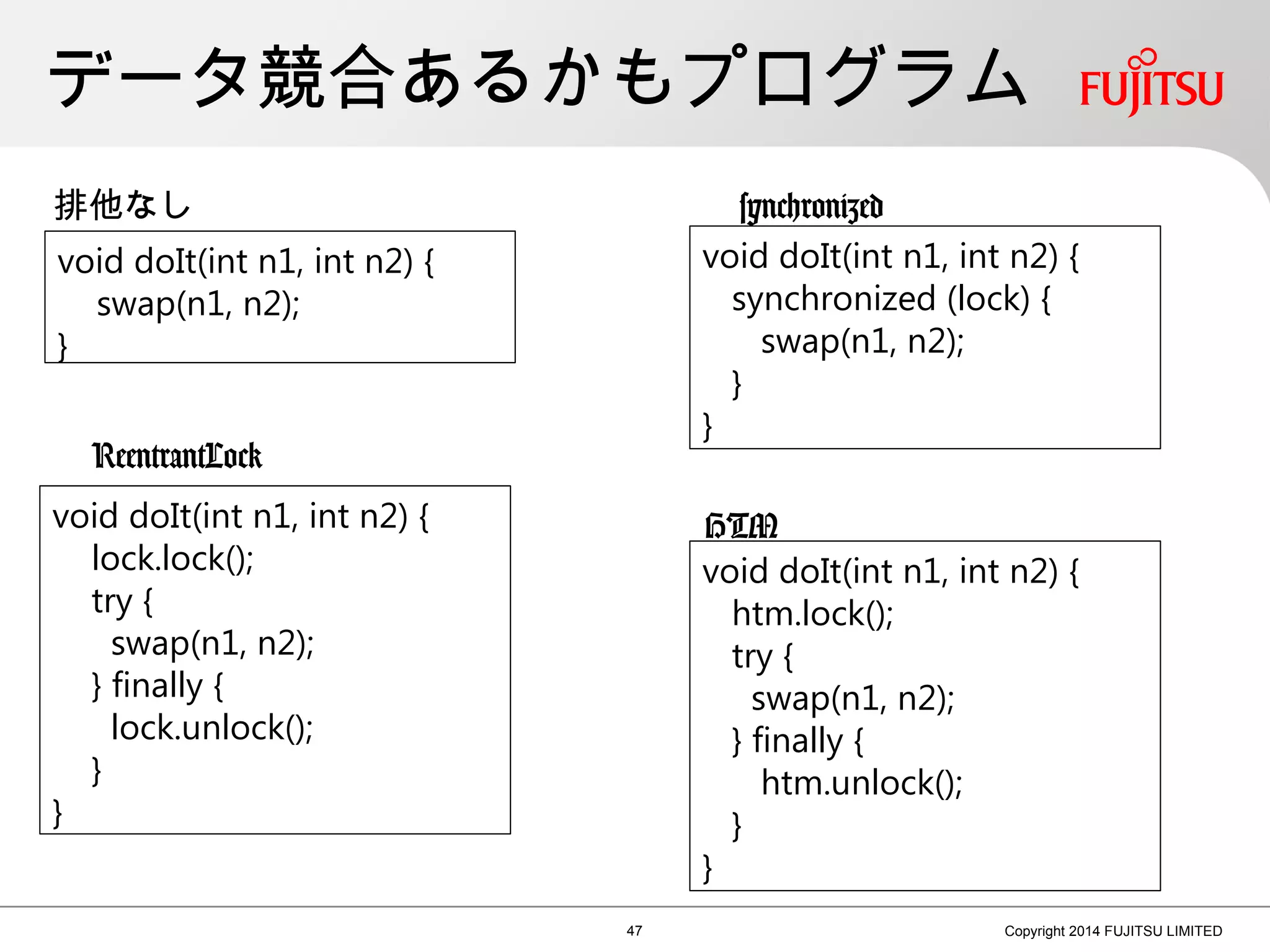 データ競合あるかもプログラム
47 Copyright 2014 FUJITSU LIMITED
void doIt(int n1, int n2) {
synchronized (lock) {
swap(n1, n2);
}
}
void doIt(int n1, int n2) {
lock.lock();
try {
swap(n1, n2);
} finally {
lock.unlock();
}
}
void doIt(int n1, int n2) {
swap(n1, n2);
}
void doIt(int n1, int n2) {
htm.lock();
try {
swap(n1, n2);
} finally {
htm.unlock();
}
}
排他なし
HTM
synchronized
ReentrantLock
 